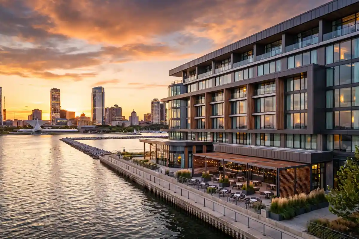 Best hotels in Milwaukee downtown skyline near Lake Michigan at golden hour
