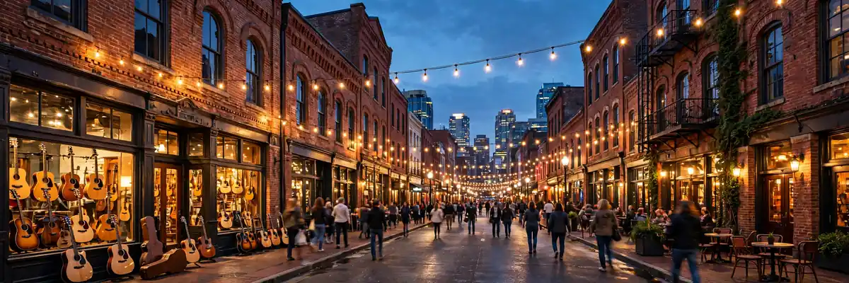 Best hotels in Nashville – historic Lower Broadway music district street with glowing lights at dusk