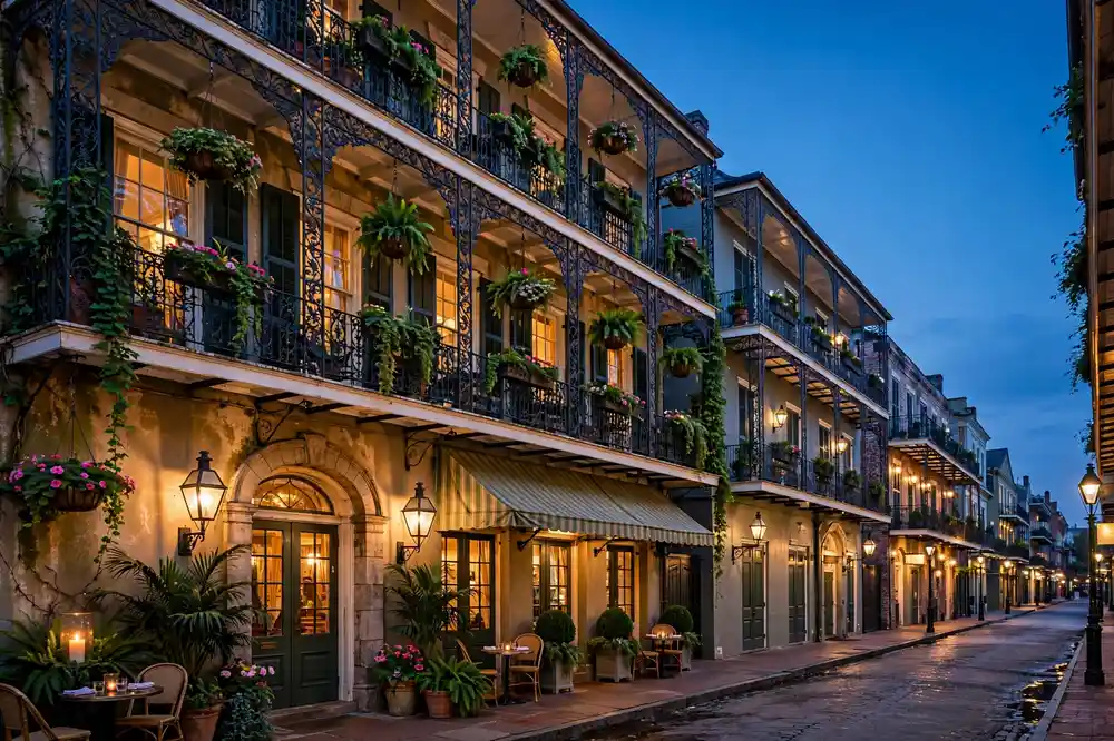 Best hotels in New Orleans – historic French Quarter boutique hotel facade at dusk