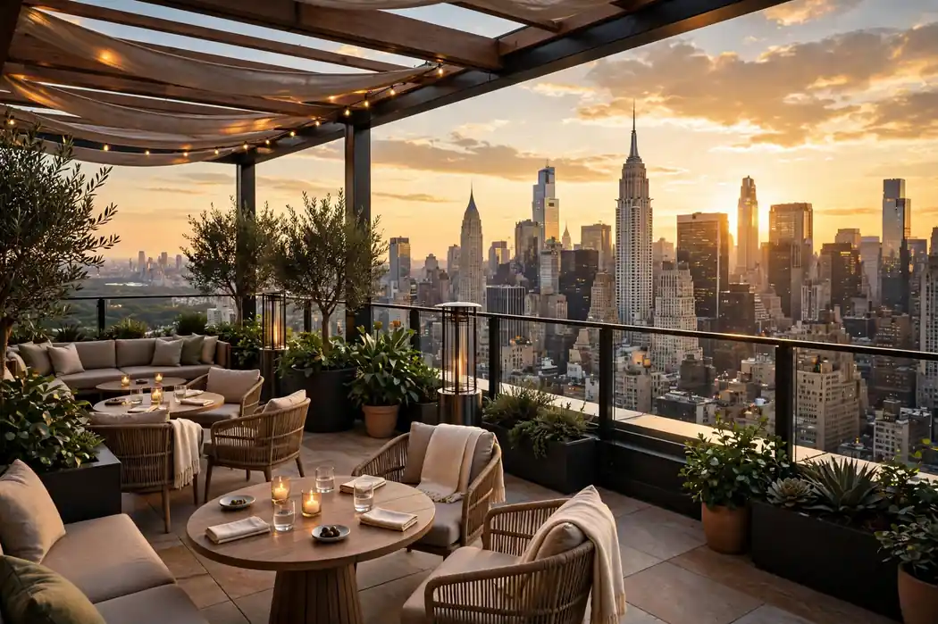 Hotel rooftop terrace with views of the Manhattan skyline in New York City at golden hour