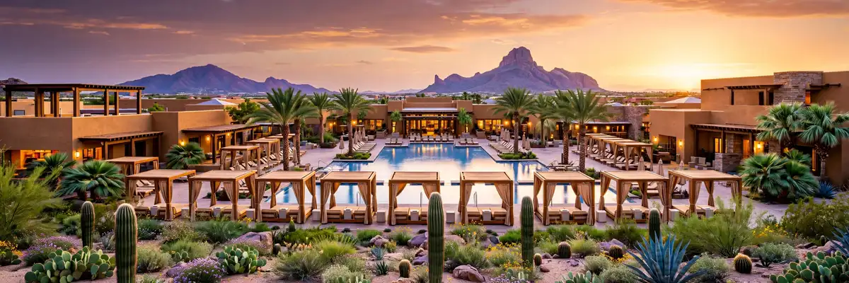 Best hotels in Phoenix – luxury desert resort with pool, saguaro cacti and Camelback Mountain at golden hour