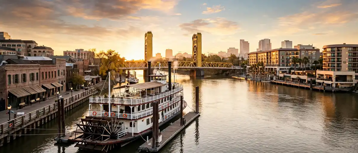Sacramento riverfront hotels and the Tower Bridge over the Sacramento River at golden hour with historic Old Sacramento buildings