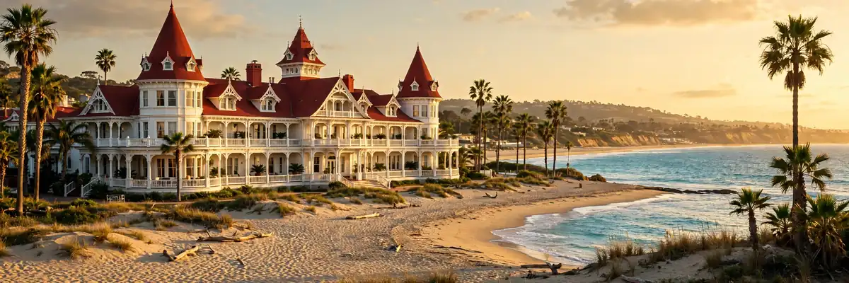 Best hotels in San Diego – grand Victorian beachfront resort with red turrets beside the ocean at golden hour