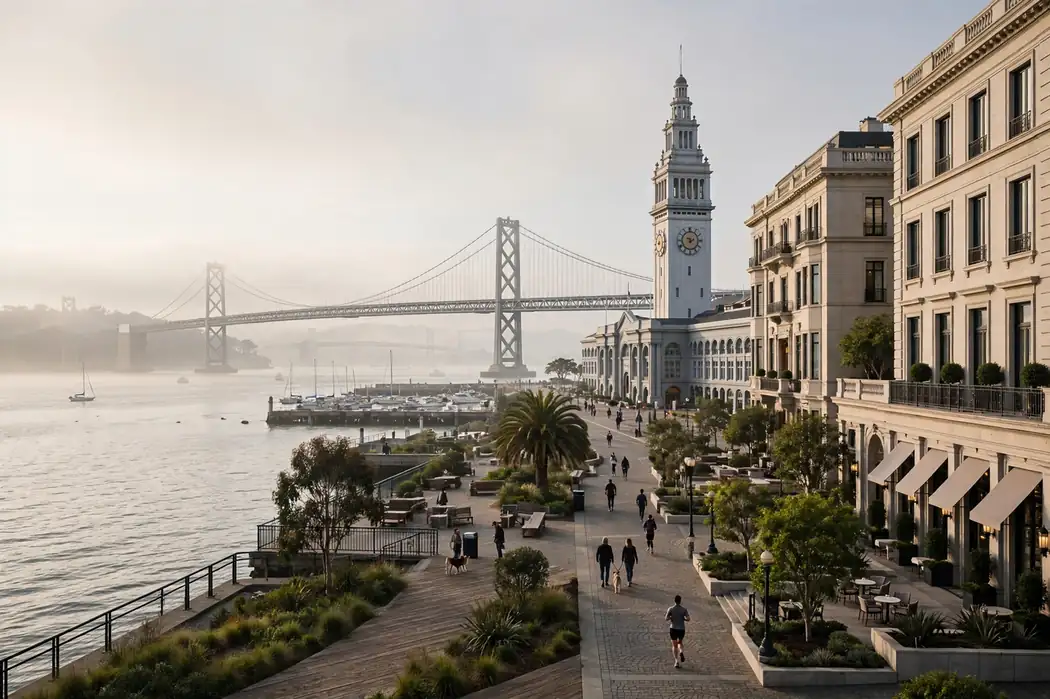 San Francisco waterfront and hotels along the Embarcadero with the Bay Bridge in morning light