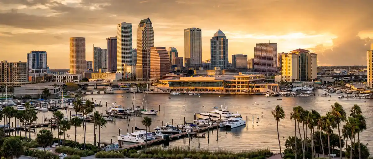 Tampa Bay waterfront hotels and the downtown Tampa skyline at golden hour with palm trees and a marina in the foreground