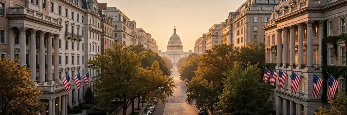 Best hotels in Washington DC – grand historic hotel facades with the Capitol dome at golden hour