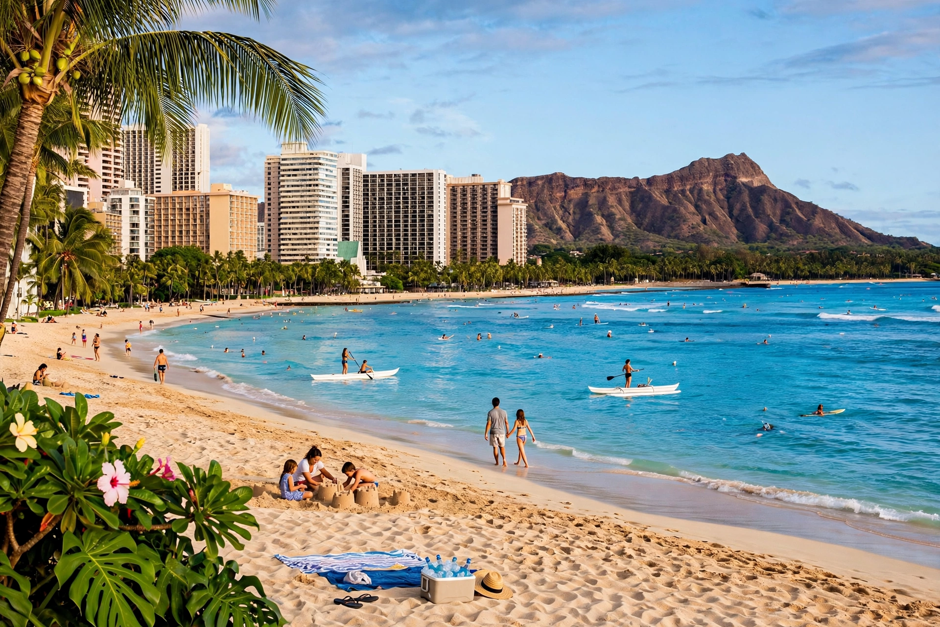 Waikiki Beach and Diamond Head crater in Hawaii, USA