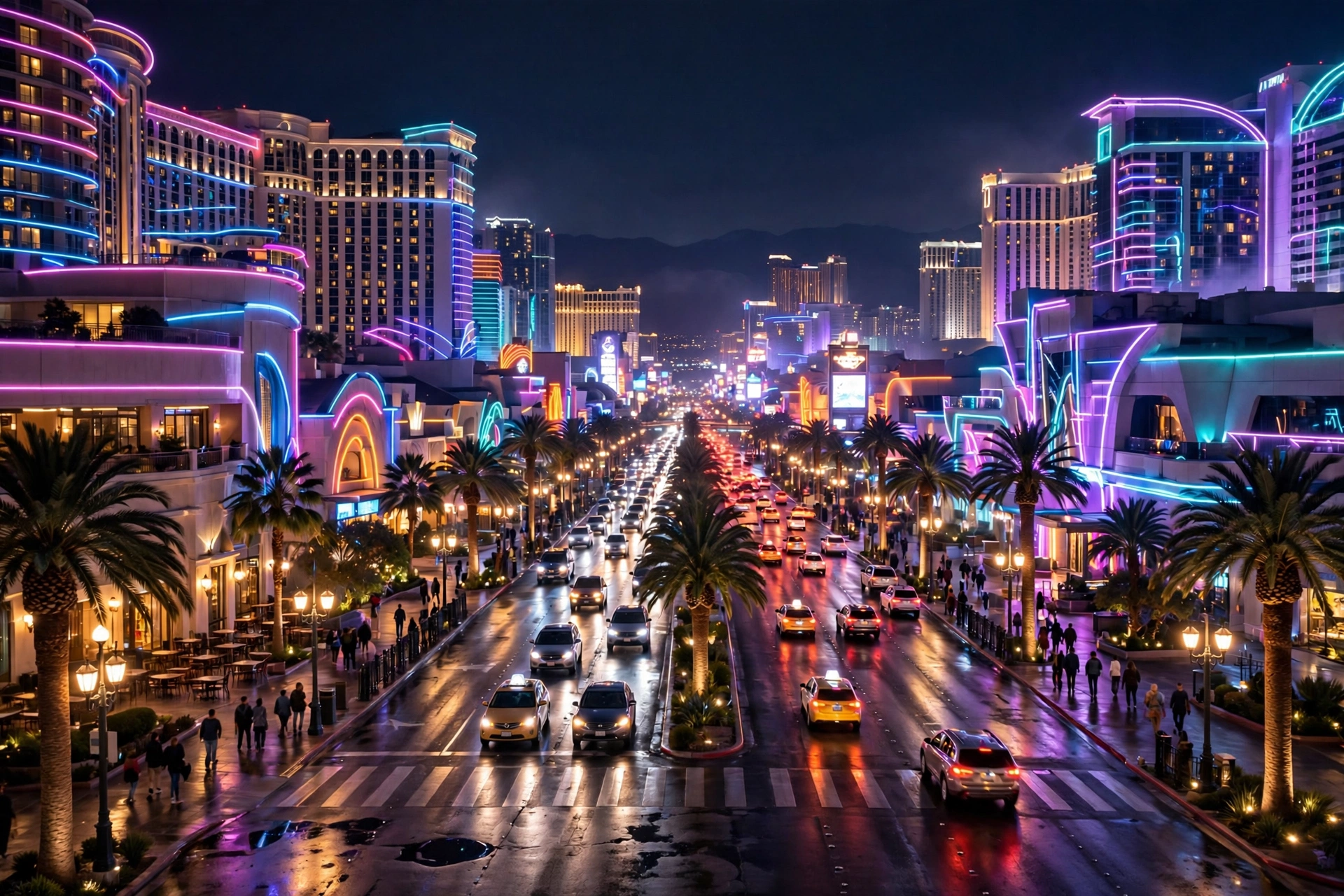The Las Vegas Strip glowing at night, lined with famous hotels and casinos